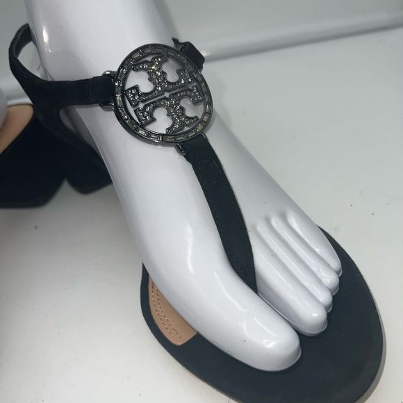 Tory Burch Suede T Strap Rhinestone Logo Sandals - Picture 3 of 15
